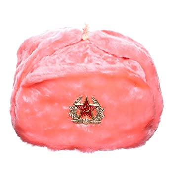 【中古】【輸入品・未使用】danila-souvenirs ロシア/ソ連 冬 ピンクファー ウシャンカ 帽子 + ソビエトレッドスターバッジ