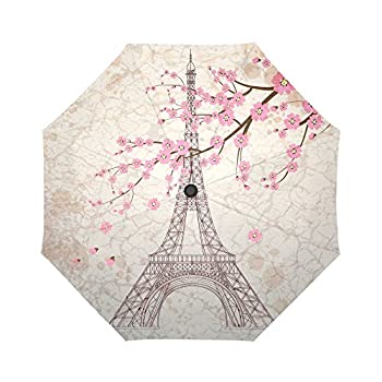 【中古】【輸入品・未使用】InterestPrint ヴィンテージ パリ エッフェル塔 防風 コンパクト 片手自動開閉 折りたたみ傘 アンティーク パリシティ ピンク 花 雨&アウトドア