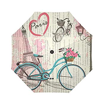 【中古】【輸入品・未使用】InterestPrint アンティーク パリ エッフェル塔 自転車 花 ヴィンテージ 新聞 背景 防風 コンパクト 片手自動開閉 折りたたみ傘 雨&アウトドア