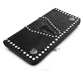 【中古】【輸入品・未使用】JewelryVoltブラック本革スリムフォールドレザーウォレット?クロコダイルスキンとメタルビーズ付き