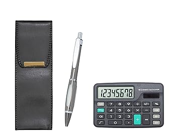 【中古】ミニ電卓付 エコレザーペンケース メタルスコーピィオン・グラファイトボールペンセット T23-D-BR-B-B989S