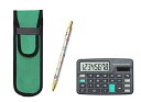 【中古】ミニ電卓付 布ペンケース緑 花柄ボールペンセット T23-D-NK02G-HS380B
