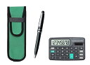 【中古】ミニ電卓付 布ペンケース緑 ミッドナイト回転ボールペンセット 黒 T23-D-NK02G-SA2002BP-B