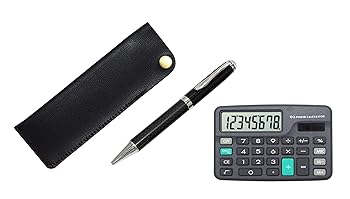 【中古】ミニ電卓付 横ホックペンケース黒 カーボン・ファイバー回転ボールペンセット T23-D-NK01B-PD01