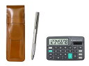 【中古】【未使用】ミニ電卓付 スリム牛革ペンケース茶 オール金属2色回転ノッチグリップボールペンセット T23-D-ASC-2CMM
