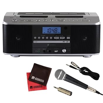 【中古】カラオケセット家庭用 東芝 CDラジカセ シルバー TY-CDW991(S) ダイナミックマイク 変換コネクタ クロス付き 4点セット