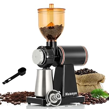 【中古】Huanyu コーヒーミル 美味しい珈琲を簡単に 電動コーヒーミル 粒の細かさ8段調節 1回225gを 静電気飛散防止設計 ヒューズ2枚付き 110V日本適用