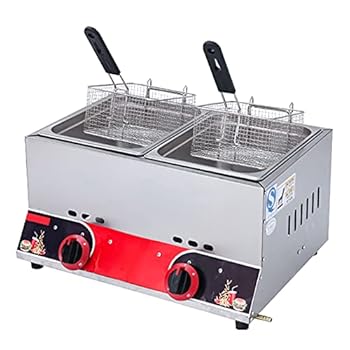 【中古】【未使用】ステンレススチール LPG ガスフライヤー、バスケットと蓋付き 22L デュアルフライヤー - 火力調節可能、お手入れ簡単 - レストランに最適、LPG,L