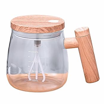 【中古】自動ミキサーカップ 7000RPM 電動マグカップ 400ML ガラス製 磁力攪拌 コーヒーミキサー 木目調ハンドル 耐熱 丸洗い可 電池式 蓋付き 自己攪拌