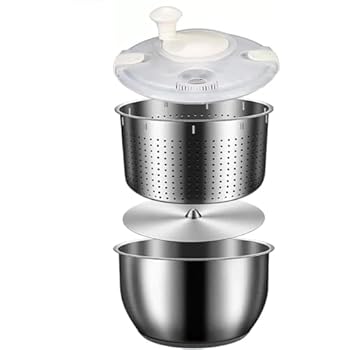 【中古】【未使用】NexPon 6L サラダスピナー、ステンレス製大型野菜洗浄機排水バスケット、ボウルと PP 蓋付き、手動野菜脱水機、フルーツ洗浄機用キッチンツール