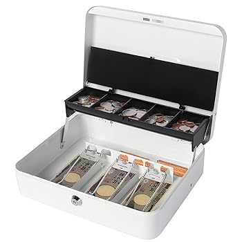 【中古】【未使用】Lysmics 手提げ金庫 会計ケース 貯金箱 キーロック式 コインケース 紙幣整理 金属製 (ホワイト, L)
