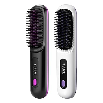 【中古】ストレートヘアアイロンブラシ | LCD ディスプレイコードレス電気ホットコーム、3 つの加熱設定、USB 充電付き | 30代の家庭旅行用ヒートアップ