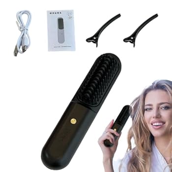 【中古】コードレスヘアアイロン ブラシ、ヘアアイロン ブラシ, ヘアアイロンブラシポータブルヘアアイロン, ヘアアイロンスタイリングコーム 温度調節可