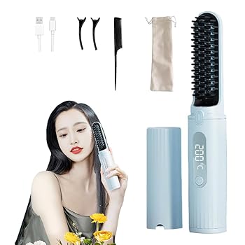 【中古】ヘアアイロン コードレスヘアアイロン ヒートブラシ 140〜200℃温度調整 15分間自動電源オフ 火傷防止設計 持ち運び便利 4段階調節 60分待機 Typ