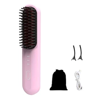 【中古】縮れ防止ヘアスタイリングブラシコードレスストレートアイロン高速加熱USB充電式旅行ポータブル電気カーリーもつれ解消 ピンク
