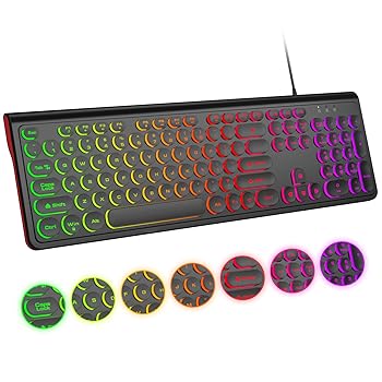 【中古】【未使用】Atelus USB 有線キーボード バックライト付き 7色 フルサイズキーボード レトロキーキャップ付き テンキーとメディアホットキー コンピューター