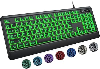 【中古】【未使用】DHKBL 大きめの文字のバックライト付きキーボード - 7つの交換可能なバックライトカラー、静かなUSB有線コンピューターキーボード、折りたたみ式