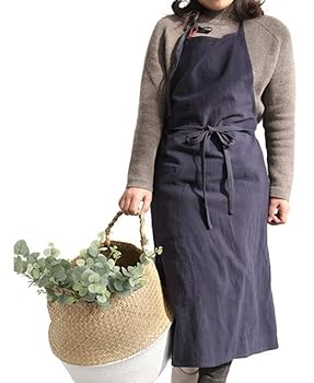 【中古】エプロン リネン 前掛け シンプル 北欧風 無地 カフェエプロン レディース メンズ ナチュラル ロング丈 キッチン カフェ 飲食店花屋 レストラン