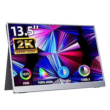 【中古】【未使用】kksmart モバイルモニター 13.5インチ 超薄型 超軽量450g 狭額縁 高輝度400nits 100%色域 アルミ合金製筐体 画像比自動適合 スピーカー内蔵 非