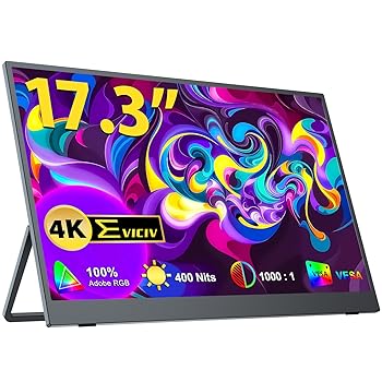 【中古】モバイルモニター 17.3インチ EVICIV 4Kモバイルディスプレイ 3840*2160 高輝度500nits 100%AdobeRGB広色域 ゲームモニター 疲れ目軽減/青色光源