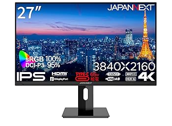 【中古】JAPANNEXT 27インチ IPSパネル搭載 4K(3840x2160)解像度 液晶モニター JN-IPS271UHD-C65W-HSP HDMI DP USB Type-C(最大65W給電) sRGB:100% DCI-P