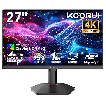 【中古】【未使用】KOORUI ゲーミングモニター 27インチ 4Kモニター (4K@160Hz/FHD@320Hz) ディスプレイIPSパネル 縦横回転,高さ調整/HDR 400/ブルーライト軽減/VES 【中古】【未使用】KOORUI ゲーミングモニター 27インチ 4Kモニター (4K@160Hz/FHD@320Hz) ディスプレイIPSパネル 縦横回転,高さ調整/HDR 400/ブルーライト軽減/VES