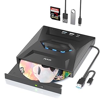 【中古】【未使用】Alxum 超高速 CD/DVD ドライブ 外付け 、5-IN-1 USB Type-C/USB 3.0 Aポータブル CD/DVD レコーダー、SDスロット＆USBポート搭載、 DVD 8倍速 CD