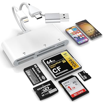 【中古】【未使用】【2025最新型】メモリーカードリーダー, 5in3 Lightning/Type-C/USB - SD/TF(Micro SD)/MS/XD/CF カードリーダー OTG対応 高速 双方向転送 設定