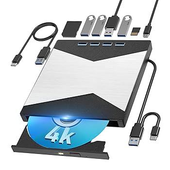 【中古】【未使用】【2025革新高速版・多機能＆静音】 7 in 1外付けブルーレイドライブ 4K UHD再生対応 ブルーレイドライブ 50GB BD書込対応 USB-A/Type-C両接続 BD