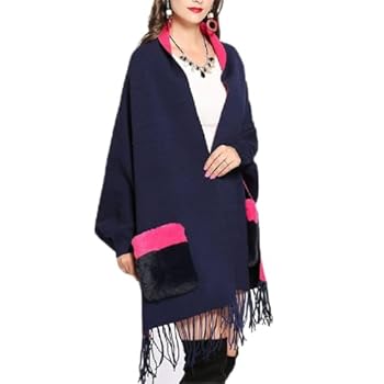 【中古】Winter Poncho Women Long Sleeve Wrap Vintage Shawl Fur Pocket Female Oversize Tassel Kni..
