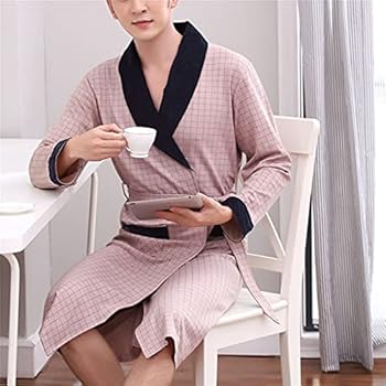 【中古】Bathrobe Men's Nightgown Pure Cotton Spring and Autumn Mid-Length Bathrobe Large Size Homewear (Color : A Size : 3XL Code) (A XXL code)