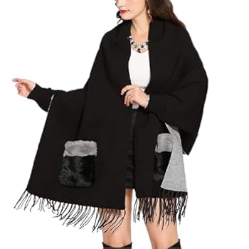 【中古】Women Winter Poncho Wrap Long Sleeve Vintage Shawl Fur Pocket Female Oversize Tassel Kni..