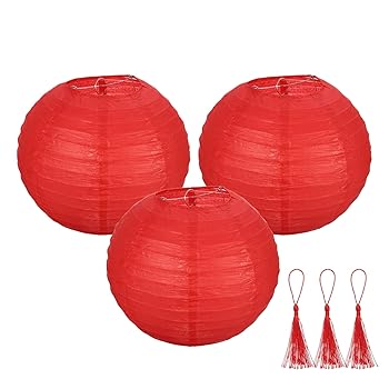 【中古】uxcell 3個 レッド 丸い和紙ランタン 20cm 中国 和紙ランタンパーティー装飾装飾的な吊りラン..
