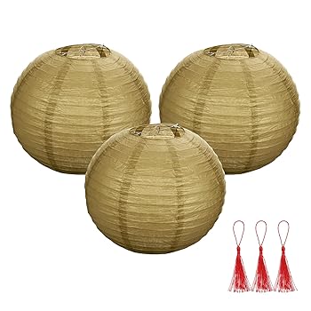 【中古】uxcell 3個 金色 丸い和紙ランタン16" 中国 和紙ランタンパーティー装飾 装飾用折りたたみラン..