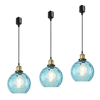乐天商城 - 【中古】北欧 LED ペンダントライト 3灯 ブルー 水紋ガラス ダイニングルーム用天井照明器具 おしゃれな和風吊り下げ照明器具 ダクトレール用ペンダント