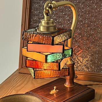 【中古】魔方ステンドグラスランプ ハンドメイド アート照明 方形ガラスシェード×真鍮アーム×木製ベー..