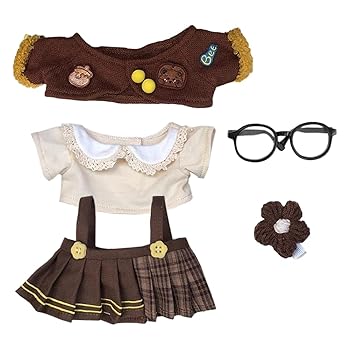 【中古】【未使用】niannyyhouse 20cm ぬいぐるみ 服 ブラウン 上着 ワイシャツ スカート メガネ ベアセット 綿人形 着せ替え アクセサリー