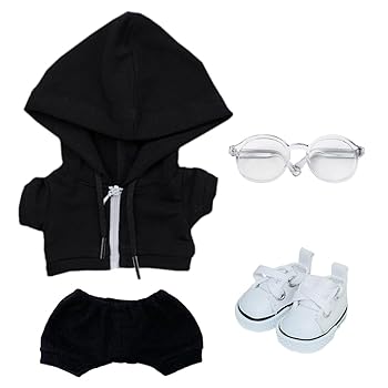 【中古】niannyyhouse 10cm 15cm 20cm ぬいぐるみ 服 パーカー ズボン メガネ キャンバスシューズ スポーツウェア 綿人形衣装 着せ替え (Black-1