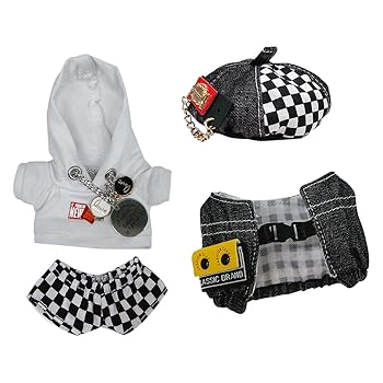 【中古】niannyyhouse 10cm ぬいぐるみ 服 黒と白のトレイルスーツ ベレー帽 パーカー 半ズボン ベスト 綿人形服 着せ替え