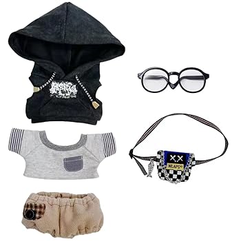 【中古】【未使用】niannyyhouse 15cm ぬいぐるみ 服 パーカー Tシャツ 半ズボン バックパック メガネ 着せ替え 綿人形アクセサリー (Black, 15cm)
