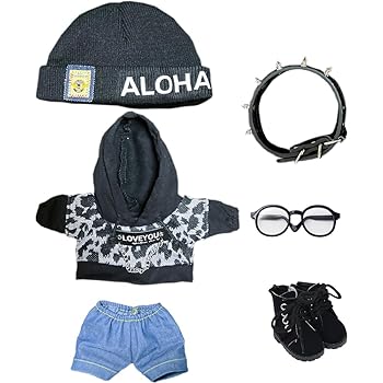 【中古】【未使用】niannyyhouse 15cm ぬいぐるみ 服 ヒョウ柄スーツ ストレッチ帽子 パーカー 半ズボン アクセサリー メガネ 靴 綿人形 アクセサリー