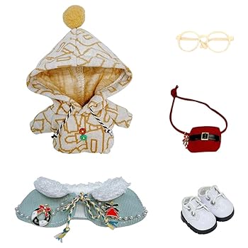 【中古】niannyyhouse 10cm ぬいぐるみ 服 ケープ プリントパーカー バックパック メガネ 革靴 ケープスーツ 綿人形 着せ替え アクセサリー (G