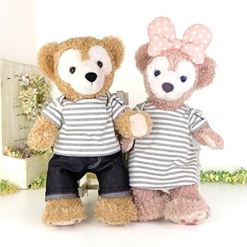 【中古】cushu cush ダッフィー シェリーメイ ぬいぐるみ用 着せ替え 洋服 コスチューム グレーボーダー ペアセット Tシャツ パンツ ワンピース リボン