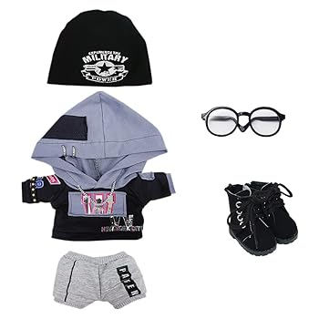 【中古】niannyyhouse 20cm ぬいぐるみ 服 ルーズ 帽子 カラーブロックパーカー 半ズボン メガネ 靴 綿人形 着せ替え (Black)