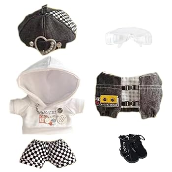 【中古】niannyyhouse 15cm ぬいぐるみ 服 黒と白のトレイルスーツ ベレー帽 パーカー 半ズボン ベスト メガネ 靴 着せ替え 綿人形 アクセサ