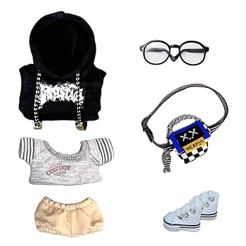 【中古】niannyyhouse 10cm ぬいぐるみ 服 闇の夜明けセット パーカー Tシャツ 半ズボン メガネ リュックサック 靴 着せ替え 綿人形 アクセサ