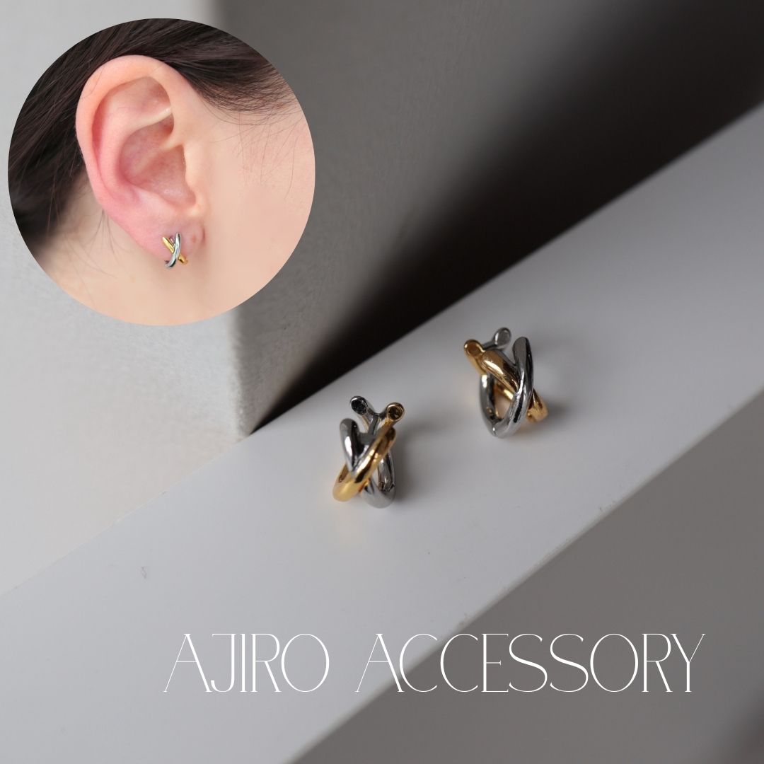 P396 ピアスバイカラー フープ クロス ぷっくり キャッチレス キャッチ要らない カジュアル おしゃれ シンプル 高見え レディース メンズ 男女兼用 両耳用 2個売り accessoryのサムネイル