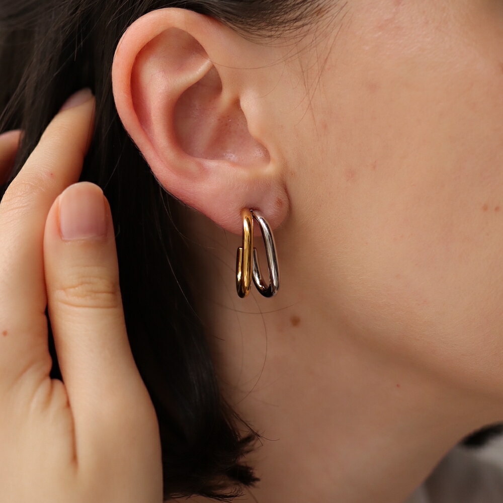 P406 ピアス サージカルステンレス バイカラー フープ ゴールド シルバー ステンレス おしゃれ アレルギー対応 ギフト プレゼント シンプル オフィス 個...