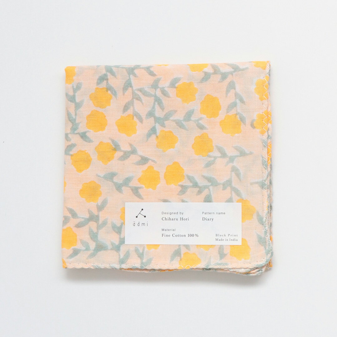 admi(アドゥミ) ハンカチ Diary 01 (イエロー) 45×45cm コットン インド綿 木版プリント レディース おしゃれ かわいい プレゼント ギフト プチギフト