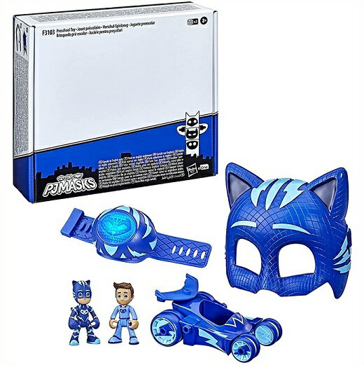 しゅつどう！パジャマスク キャットボーイ パワーパック PJ-Masks Catboy Power Pack キャットボーイの究極のおもちゃセットです。 しゅつどう！パジャマスクに登場する「キャットボーイ」のファンには、 アクションフィギュアからドレスアップアイテムまで、 「キャットボーイ パワーパック」がお勧めです。 ●パジャマスクアクションフィギュア2体（限定1体）、キャットカー・ビークル キャットボーイのフィギュアと、専用のコナーのフィギュアがセットになっており、 子供からヒーローへの変身を想像することができます。 キャットボーイの車にはフィギュア1体が搭載可能。 ●キャットボーイリストバンド （ライト＆サウンド付き ウェアラブルパジャマスクリストバンド） リストバンドを装着した状態でお守りボタンを押したり、 腕を動かしたりすると、光ったり、フレーズや効果音が流れたりします。 ●キャットボーイ・ドレスアップ・マスク 耐久性と柔軟性に優れたキャットボーイのコスチュームマスクは、 ゴム製のフェイスクッションと伸縮性のあるヘッドバンドを備えているので、 小さなヒーローたちが重要な任務に就く際にも快適に使用できます。 箱を裏返すと、キャットボーイのデザインになります。 ・対象年齢：3歳以上 ※輸入品の為、表記はすべて英語になります。 パッケージにダメージ、小キズ、擦れ等ある場合が御座います。 予めご了承頂きます様宜しくお願い致します。